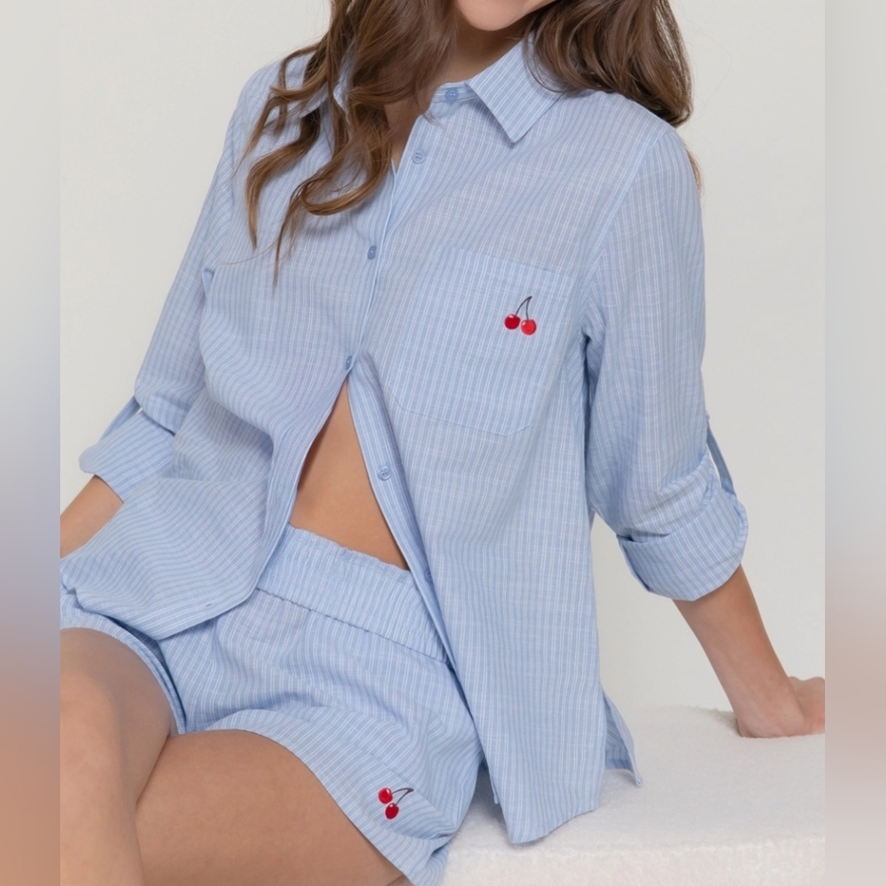 #90393 🛑S,M,L Fabulous Chic Cherries Blue Striped 2pc Set w/ Cherry Embroidery - Picture 2 of 5